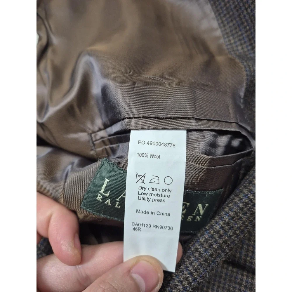 Lauren Ralph Lauren Blazer Mens 46R Brown Wool Houndstooth Tweed Sport Coat
